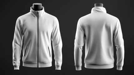 Mockup of a zip-up jacket on a mannequin, realistic zipper and fabric texture, front and back views, ideal for sportswear or outdoor branding designs