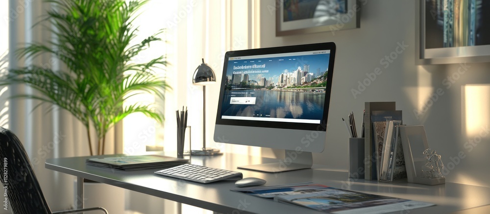 Poster modern home office workspace with computer displaying travel website, sunlight streaming through win