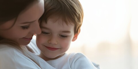 A heartwarming portrayal of a mother cradling her smiling child, embodying love, nurturing, and joy in a tender moment that evokes deep familial connections.