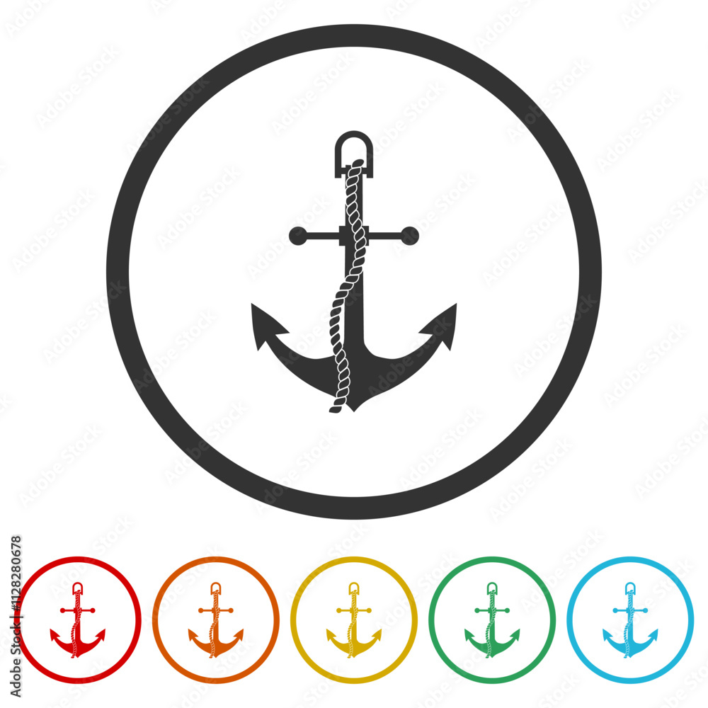 Poster anchor with rope icon. set icons in color circle buttons