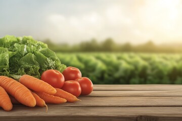 rustic wooden table filled with vibrant organic vegetables like carrots lettuce and tomatoes under soft natural light