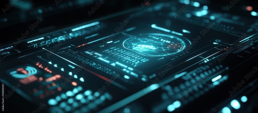 Poster Futuristic digital interface with glowing holographic globe and data streams.