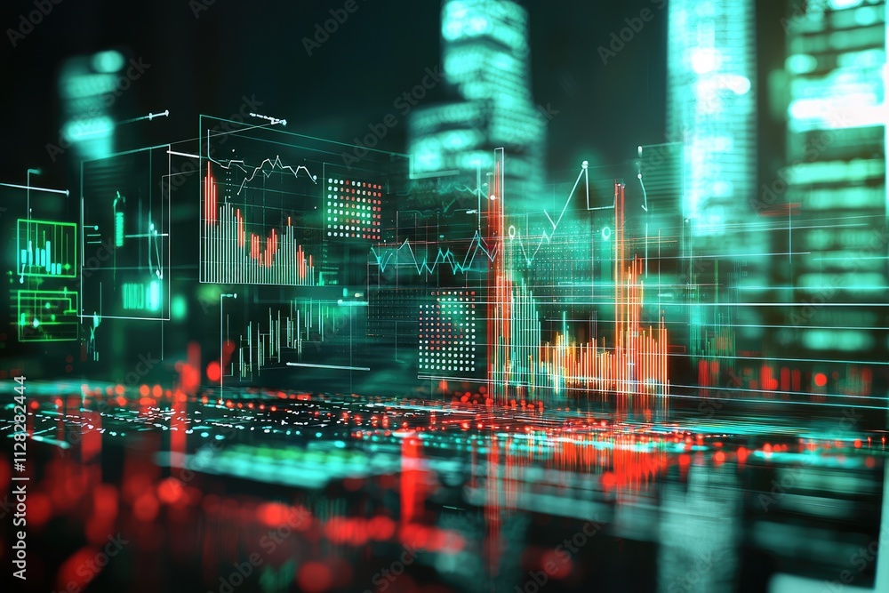Poster abstract digital cityscape with overlapping financial data graphs