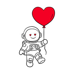 Astronaut Holding Heart Balloon Line Hand drawn Design