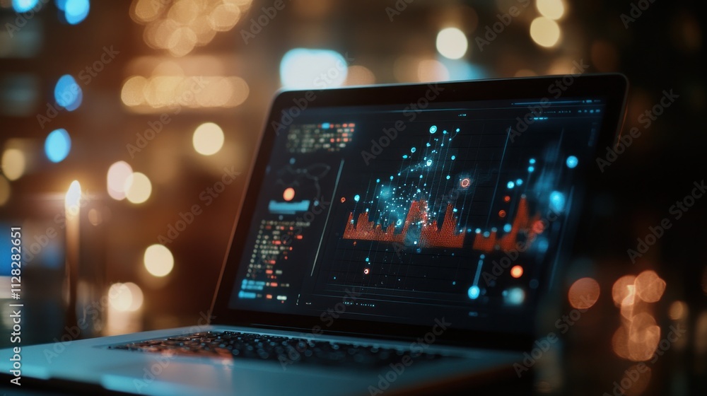 Poster laptop displaying data analytics charts at night.