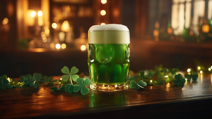 Close-up of a frothy green beer in a glass on a wooden pub table surrounded by shamrock decorations. Ai generated