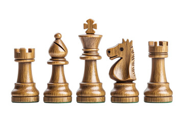 Set of wooden chess pieces with unique designs on a white background