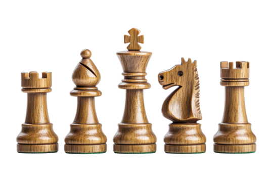 Set of wooden chess pieces with unique designs on a white background