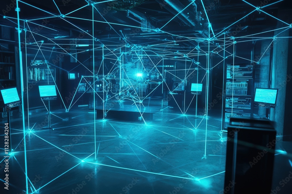 Poster futuristic data center with interconnected nodes and glowing lines