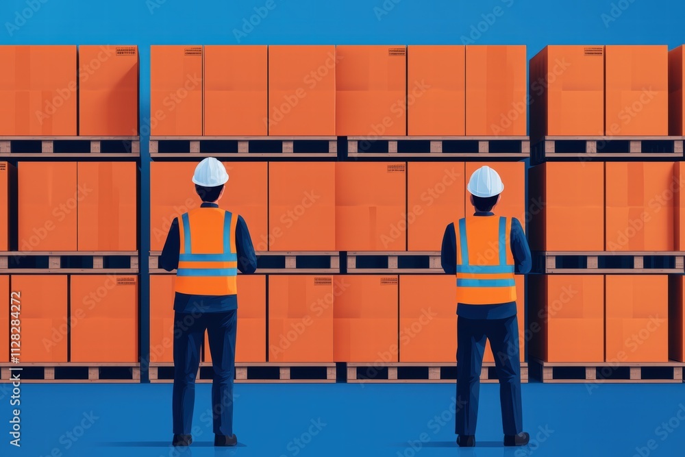 Poster emergency response logistics concept. two workers in safety gear observe a stack of orange boxes on 