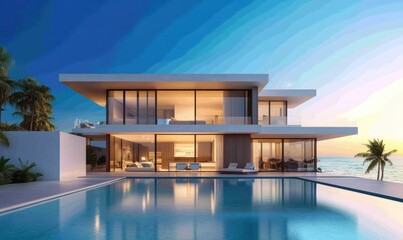 Fototapeta premium Modern villa with expansive glass windows and infinity pool overlooking the sea, illuminated by warm evening light