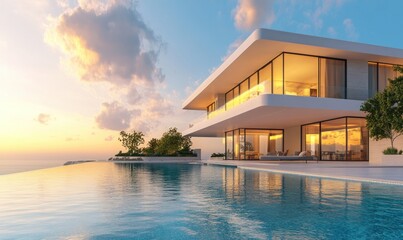 Obraz premium Modern villa with expansive glass windows and infinity pool overlooking the sea, illuminated by warm evening light