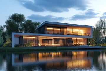 Obraz premium Modern waterfront villa with floor-to-ceiling windows, warm interior lighting, and reflections on a calm lake under a twilight sky