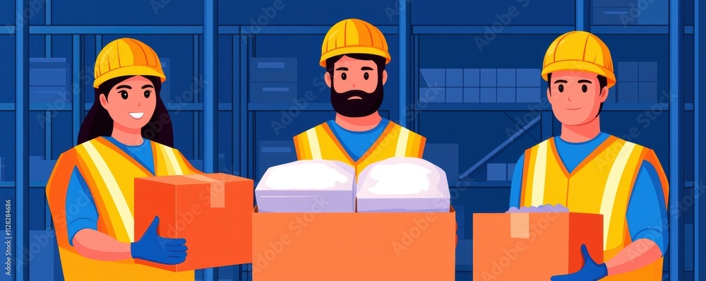 Poster emergency response logistics concept. three warehouse workers in safety gear hold boxes, smiling in 