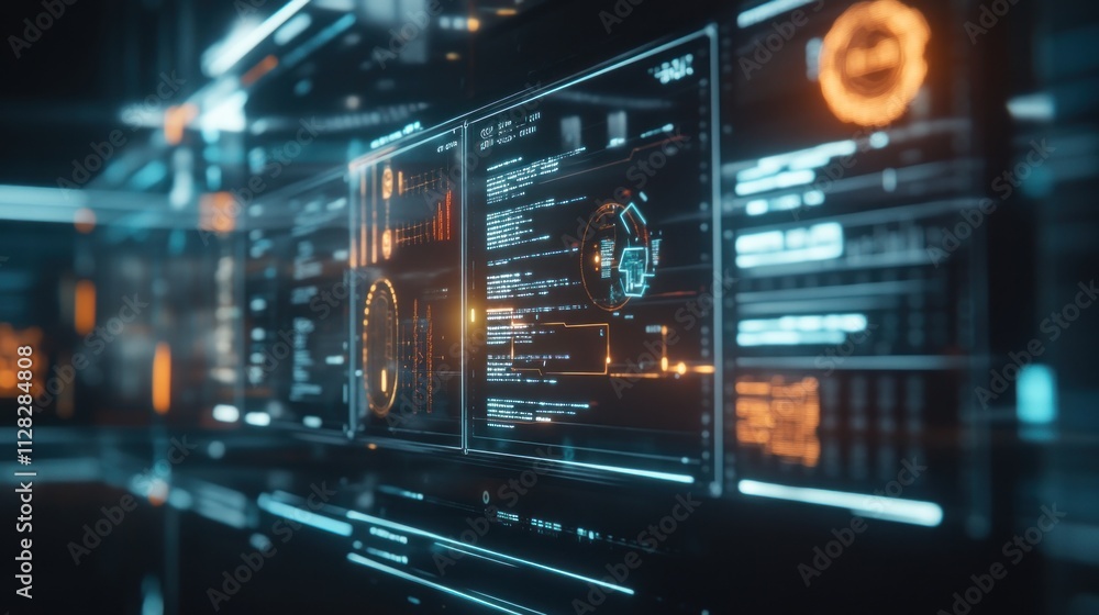 Poster futuristic digital interface displays data analytics, graphs, and charts on a large screen.