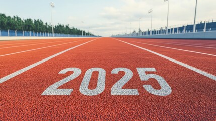 Vibrant Red Track Field with Year 2025 on the Surface Ready for Athletes to Compete