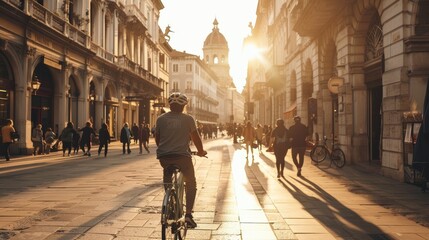 A young person cycling through a bustling city square with people walking and historic buildings, The cyclist fills one-third to one-half of the image