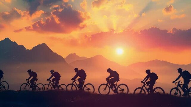 group of people riding bicycles over beautiful sunset view