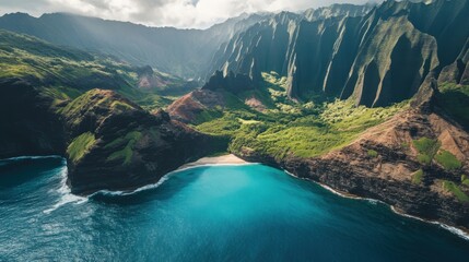 Obraz premium Aerial view of a stunning tropical coastline. Lush green mountains meet clear blue waters. A perfect escape into nature's beauty and peaceful tranquility awaits here.