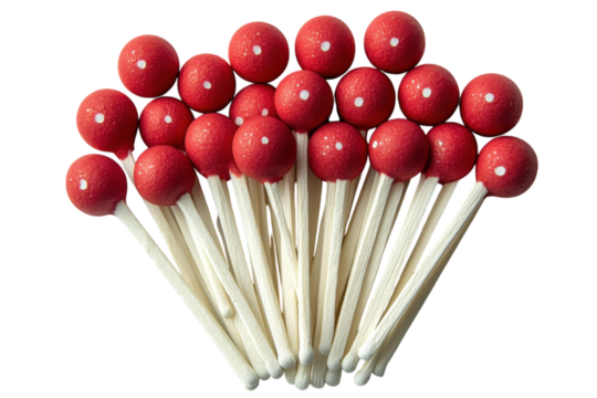Collection of red tip matches arranged in a clustered formation on a white background