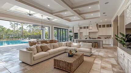 Fototapeta premium Contemporary Living Room with Soft Morning Light and Beige Flooring, Elegant Matte Stone Features, and Unified White Color Scheme