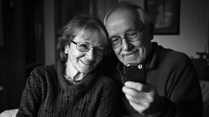 Obraz premium A happy elderly couple enjoys a moment together while using a smartphone. They share smiles and laughter, showcasing love and connection in their golden years.