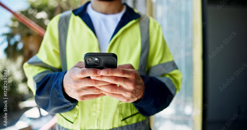 Leinwandbilder Hands, phone and construction worker with texting, person or contact with info for building development. Engineer, smartphone and check with network, notification or email on mobile app at property