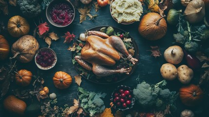Roasted turkey centerpiece surrounded by autumnal vegetables and cranberry sauce. Perfect for Thanksgiving, harvest, or fall themed designs.