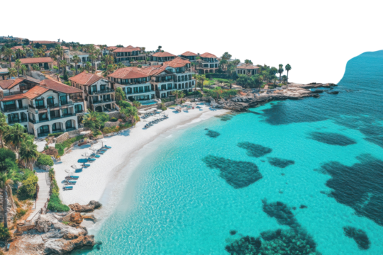 Stunning beachfront resort with crystal clear waters and vibrant tropical surroundings in a sunny coastal location