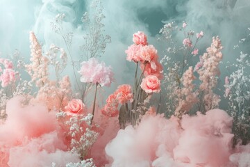 A vibrant mix of roses and pastel clouds forms a stunning art piece filled with color and texture.