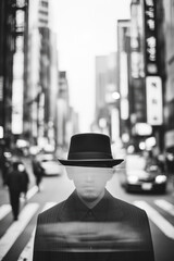 This atmospheric black-and-white image depicts a mysterious man in a hat, blending with an urban landscape, creating an intriguing sense of anonymity and modernity.