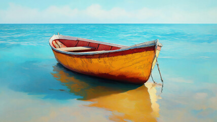 Naklejka premium Peaceful Orange A serene landscape painting featuring a small, vibrant orange rowboat gently resting on a tranquil turquoise lake.Rowboat on a Calm Turquoise Lake.