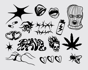brutalism streetwear acid collage element sticker collection set ornament poster, tattoo style, tribal illustration vector creepy icon, symbol sick editable