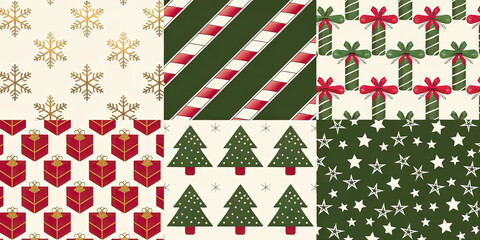 Festive Christmas Seamless Patterns Gift Boxes Snowflakes Candy Canes Stars Trees