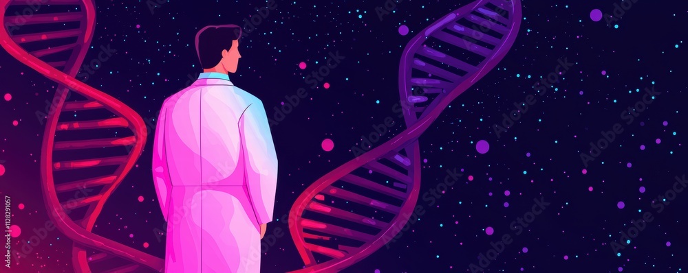Poster genetic differences concepts. a scientist gazes at a cosmic scene with dna strands, symbolizing expl