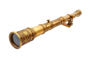 Antique brass telescope with intricate engravings and a polished finish on white background