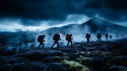 Hikers Ascending Volcanic Ridge at Dusk: Dramatic Landscape Photography AI Generated