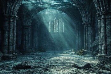 Underwater ruins with light beams and aquatic plants.