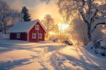 A Serene Winter Sunset Landscape: Red Cabin in a Snowy Forest