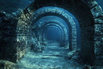Underwater ruins with stone arches and a sandy floor.