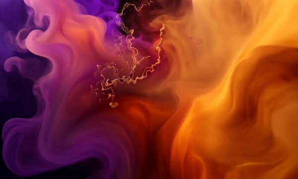 M&eacute;lange de couleurs compl&eacute;mentaires orange et violet avec textures fluides et mouvements artistiques, ambiance abstraite lumineuse et vibrante.