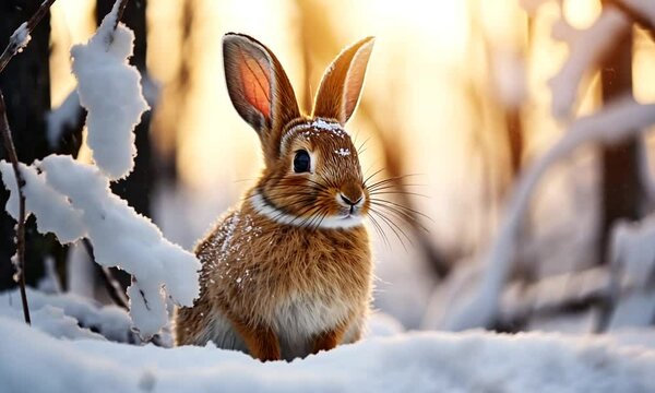 Lapin brun remuant le nez dans un paysage enneig&eacute; au lever du soleil, oreilles dress&eacute;es, ambiance lumineuse et f&eacute;&eacute;rique avec lumi&egrave;re dor&eacute;e et flares.