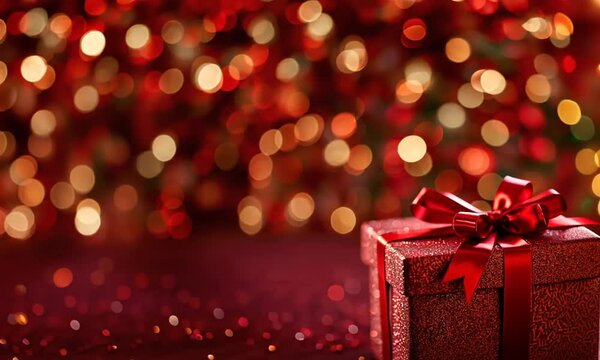 Coffret cadeau rouge scintillant avec un n&oelig;ud en ruban, arri&egrave;re-plan flou bokeh illumin&eacute; par des lumi&egrave;res rouges et dor&eacute;es, ambiance chaleureuse et festive pour No&euml;l ou c&eacute;l&eacute;brations de fin d'ann&eacute;e.