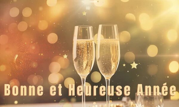 Deux fl&ucirc;tes de champagne p&eacute;tillant, texte "Bonne et Heureuse Ann&eacute;e" en fran&ccedil;ais, lumi&egrave;res scintillantes et bokeh dor&eacute; en arri&egrave;re-plan, ambiance festive pour c&eacute;l&eacute;bration du Nouvel An.