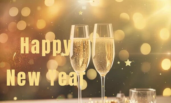 Deux fl&ucirc;tes de champagne avec bulles dor&eacute;es, texte "Happy New Year" en anglais, lumi&egrave;res scintillantes en arri&egrave;re-plan, ambiance festive pour c&eacute;l&eacute;bration du Nouvel An.