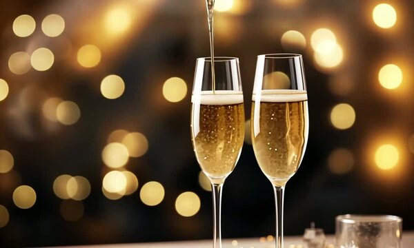 Remplissage de deux fl&ucirc;tes de champagne avec des bulles p&eacute;tillantes, ambiance festive et &eacute;l&eacute;gante, lumi&egrave;res scintillantes en arri&egrave;re-plan, c&eacute;l&eacute;bration des f&ecirc;tes ou du Nouvel An, anniversaire