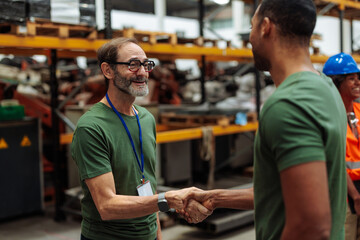 Two smiling workers shaking hands in a warehouse