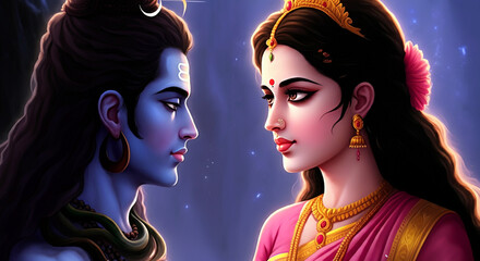 Obraz premium Goddess Parvati lovingly looks at Lord Shiva, showcasing a moment of profound connection and mutual affection in a spiritual setting