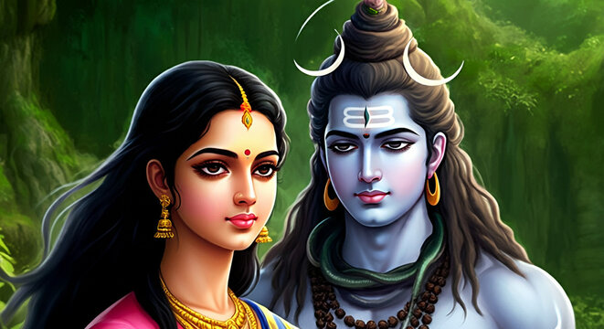 Lord Shiva and Goddess Parvati in a serene forest setting, symbolizing their connection to nature and role as cosmic protectors and creators