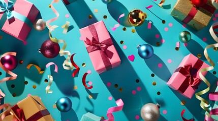 Colorful gifts and decorations scattered on a vibrant blue background for celebration.
